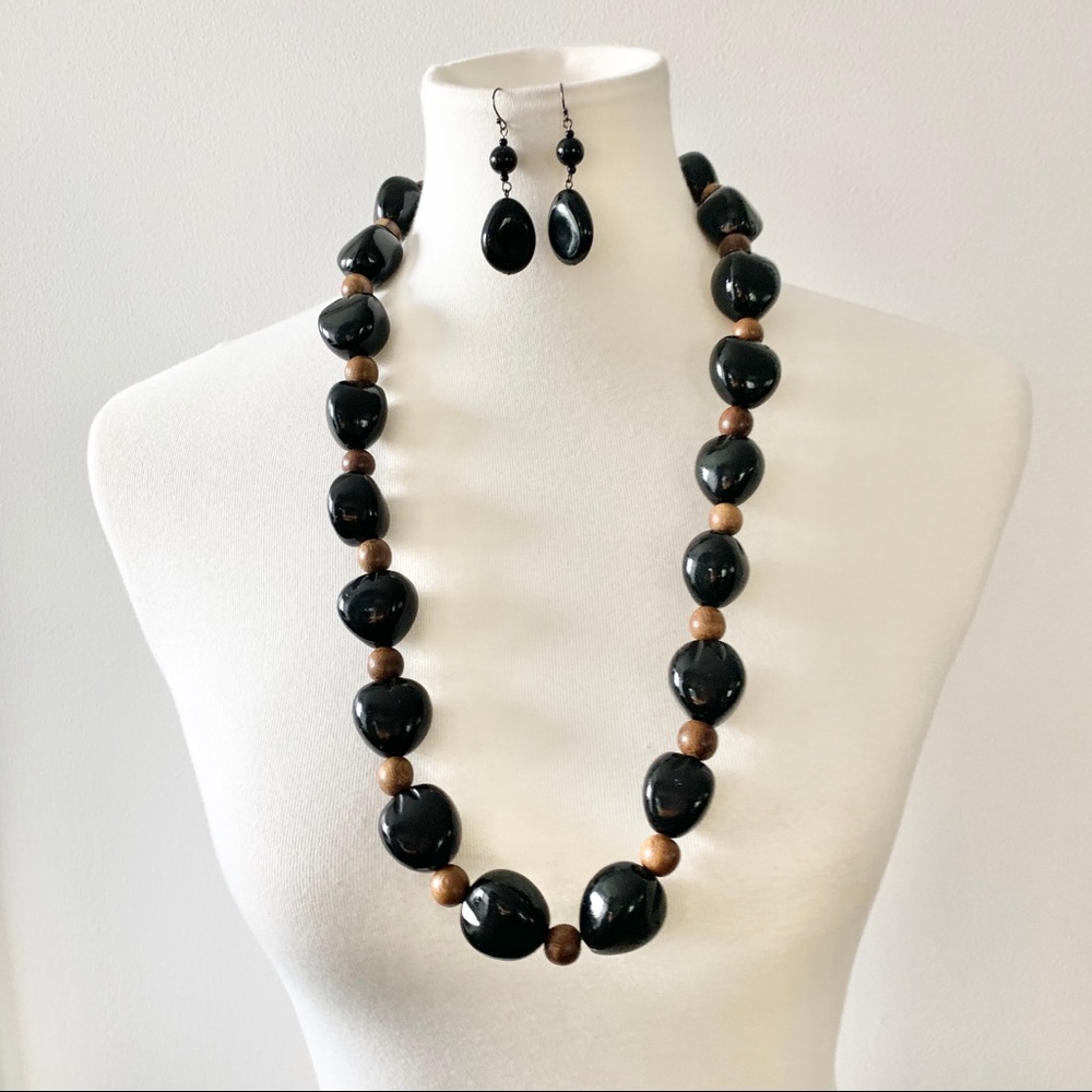 Wooden Bead Necklace and Earring’s Set
